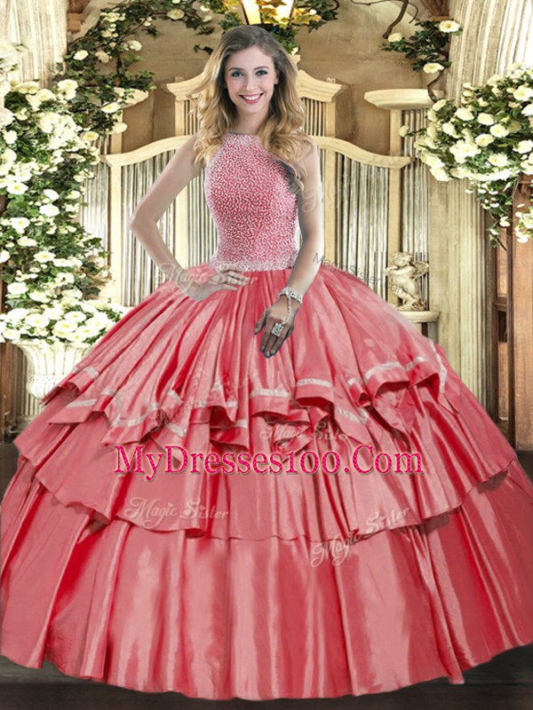 Coral Red Lace Up Sweet 16 Quinceanera Dress Beading and Ruffled Layers Sleeveless Floor Length