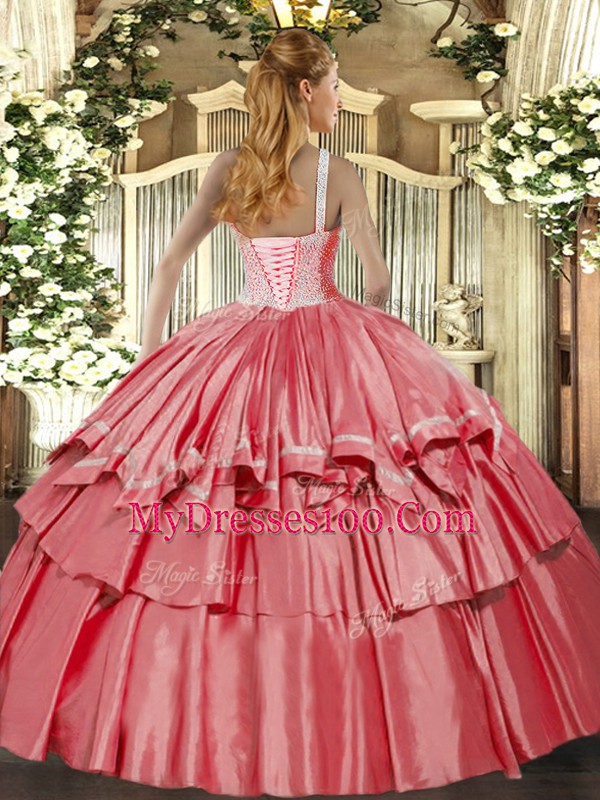 Coral Red Lace Up Sweet 16 Quinceanera Dress Beading and Ruffled Layers Sleeveless Floor Length