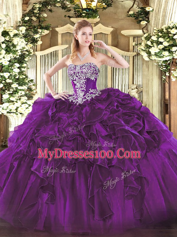 Latest Dark Purple Sweet 16 Quinceanera Dress Military Ball and Sweet 16 and Quinceanera with Beading and Ruffles Strapless Sleeveless Lace Up