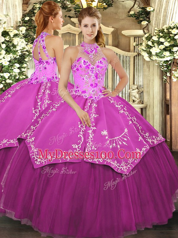 Graceful Ball Gowns Sweet 16 Dress Fuchsia Halter Top Satin and Tulle Sleeveless Floor Length Lace Up