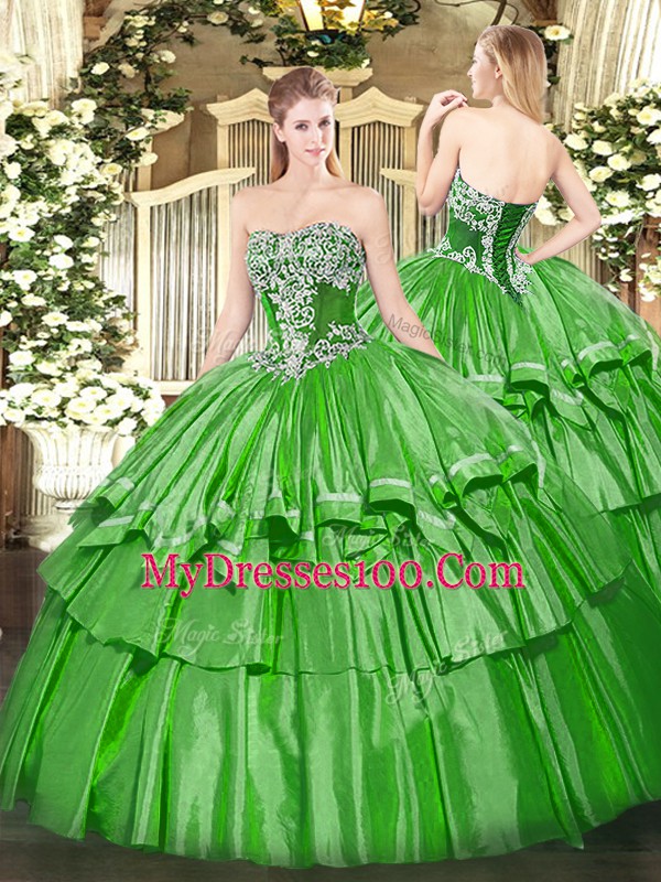 Glorious Green Strapless Lace Up Beading and Ruffled Layers Vestidos de Quinceanera Sleeveless