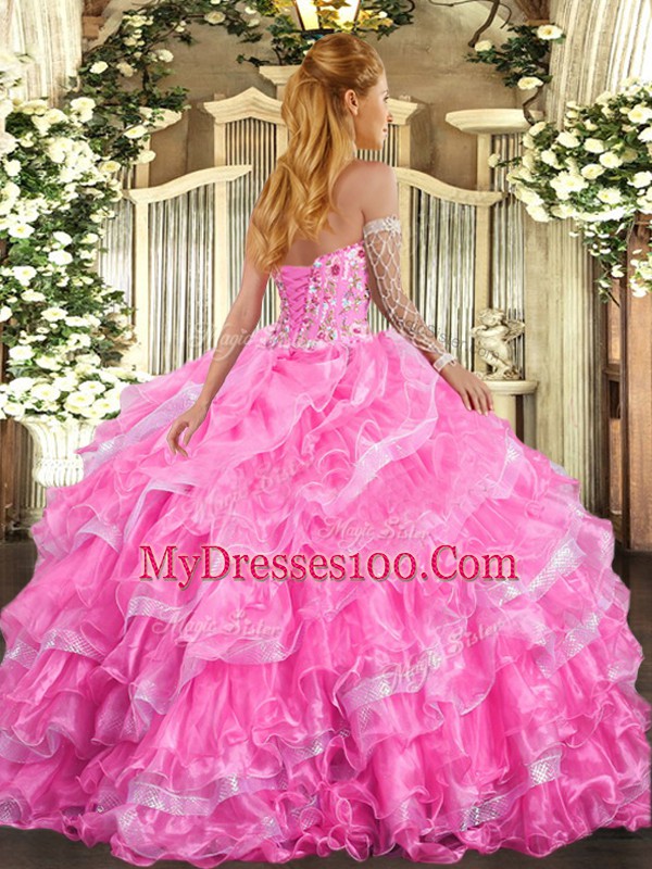 Delicate Floor Length Rose Pink Sweet 16 Quinceanera Dress Sweetheart Sleeveless Lace Up