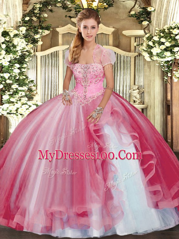 Pink Lace Up Strapless Beading and Ruffles 15 Quinceanera Dress Tulle Sleeveless