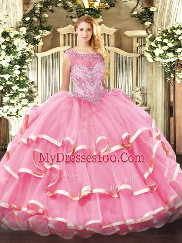 Fantastic Rose Pink Quinceanera Gowns Sweet 16 and Quinceanera with Beading and Ruffled Layers Scoop Sleeveless Zipper