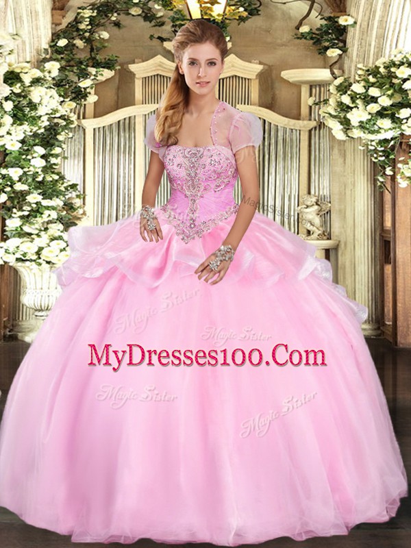 Sleeveless Organza Floor Length Lace Up 15 Quinceanera Dress in Baby Pink with Appliques