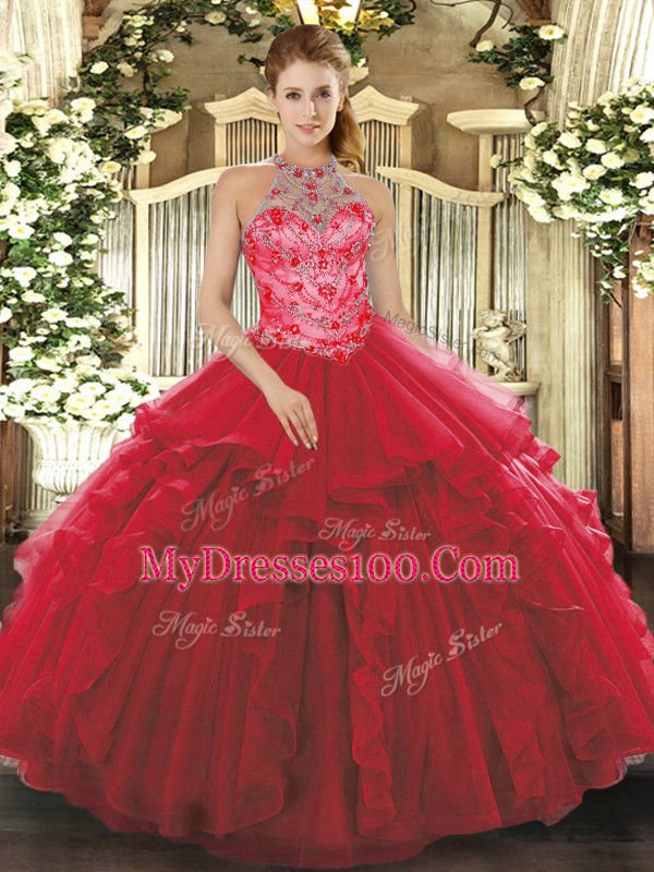 Romantic Coral Red Sleeveless Floor Length Beading and Embroidery and Ruffles Lace Up 15 Quinceanera Dress