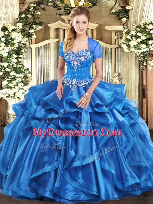 Modern Floor Length Baby Blue Sweet 16 Quinceanera Dress Sweetheart Sleeveless Lace Up