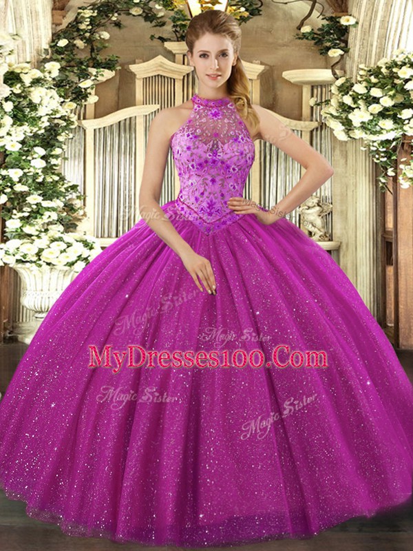 Fuchsia Sleeveless Tulle Lace Up Sweet 16 Dress for Sweet 16 and Quinceanera