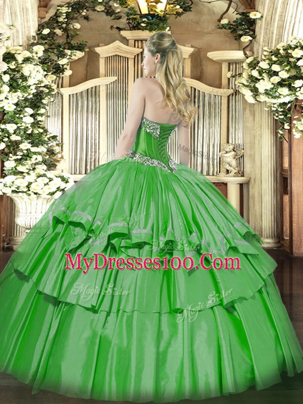 Glamorous Green Organza and Taffeta Lace Up Ball Gown Prom Dress Sleeveless Floor Length Beading and Ruffled Layers