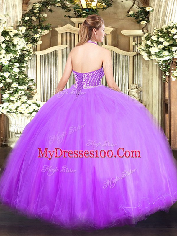 Captivating Orange Ball Gowns Tulle Halter Top Sleeveless Beading Floor Length Lace Up Vestidos de Quinceanera