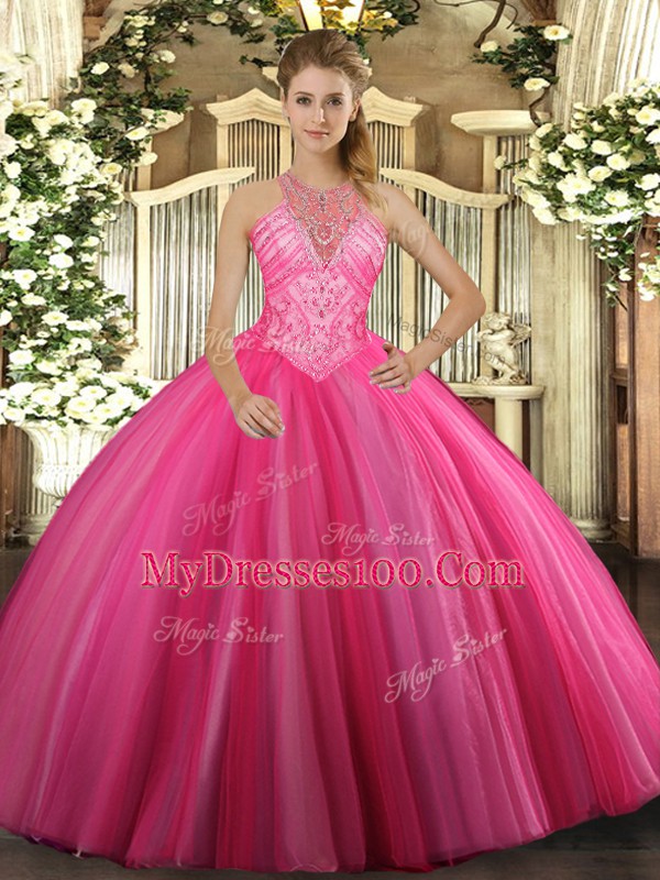 Unique Hot Pink Ball Gowns High-neck Sleeveless Tulle Floor Length Lace Up Beading Quinceanera Gown