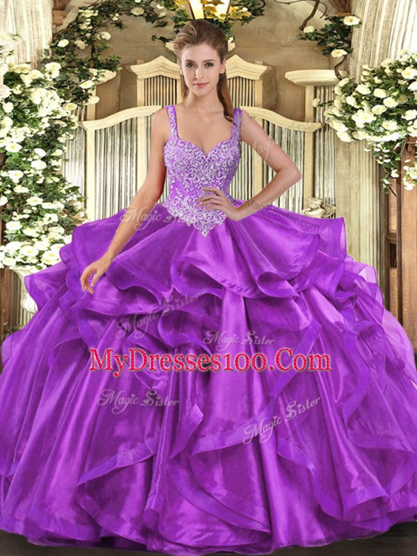 Fashionable Straps Sleeveless Sweet 16 Quinceanera Dress Floor Length Beading and Ruffles Eggplant Purple Organza