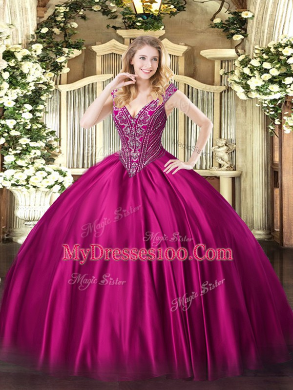 Sleeveless Satin Floor Length Lace Up Quince Ball Gowns in Fuchsia with Beading