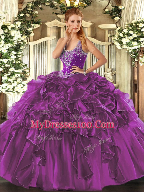 Straps Sleeveless 15 Quinceanera Dress Floor Length Beading and Ruffles Eggplant Purple Organza