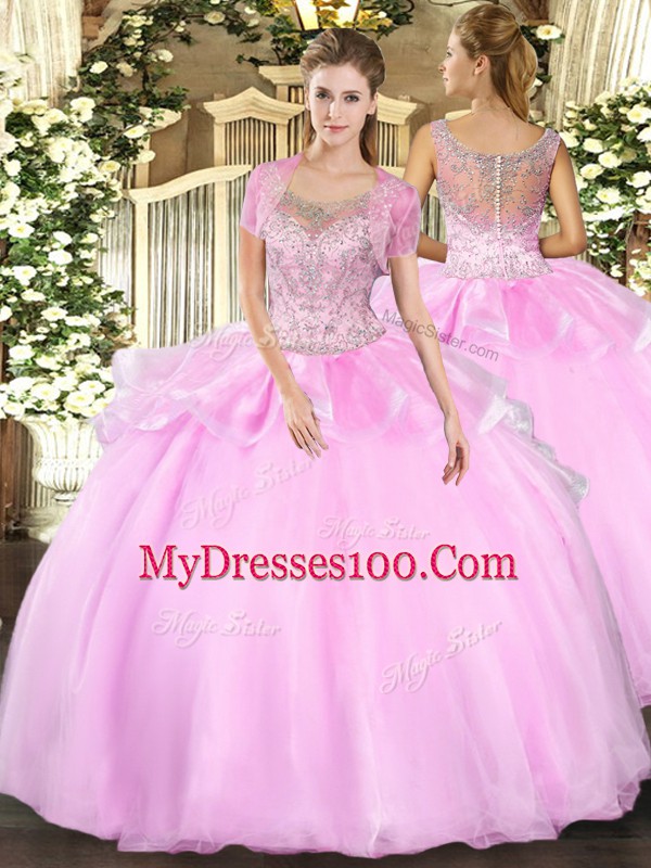 New Arrival Baby Pink Sleeveless Floor Length Beading and Ruffles Clasp Handle Quinceanera Gown