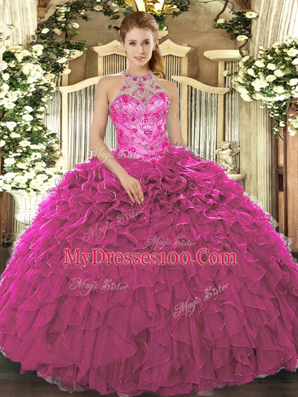 Custom Fit Floor Length Ball Gowns Sleeveless Fuchsia Quinceanera Gowns Lace Up