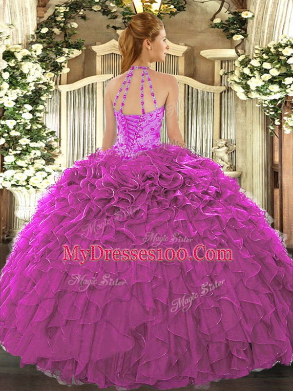 Custom Fit Floor Length Ball Gowns Sleeveless Fuchsia Quinceanera Gowns Lace Up