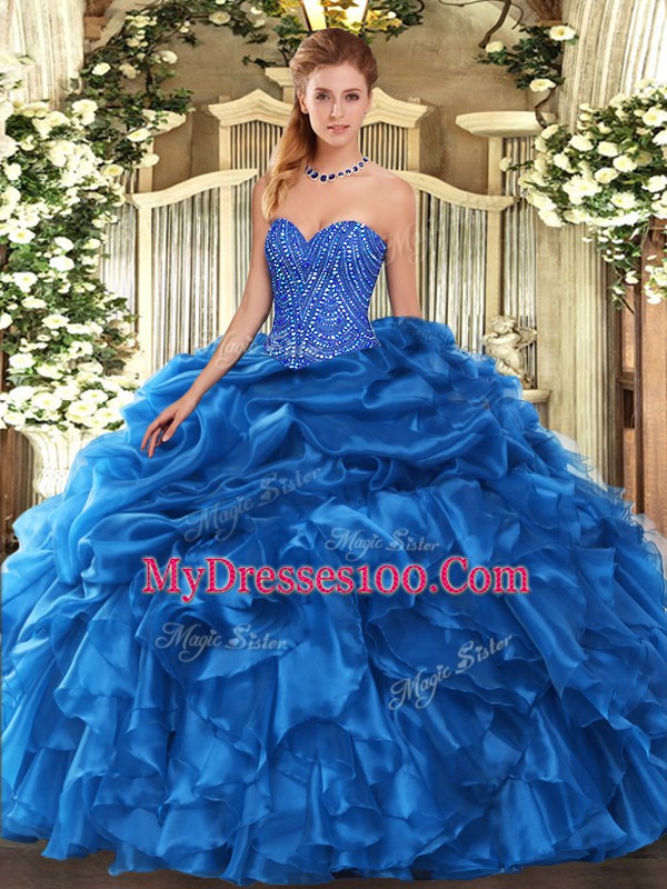 Fashionable Blue Ball Gowns Beading and Ruffles and Pick Ups Sweet 16 Dress Lace Up Organza Sleeveless Floor Length