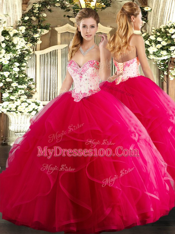 Sweet Hot Pink Lace Up Quinceanera Dress Beading and Ruffles Sleeveless Floor Length