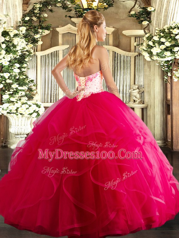 Sweet Hot Pink Lace Up Quinceanera Dress Beading and Ruffles Sleeveless Floor Length