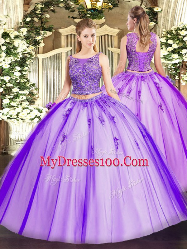 Floor Length Two Pieces Sleeveless Lavender 15 Quinceanera Dress Lace Up