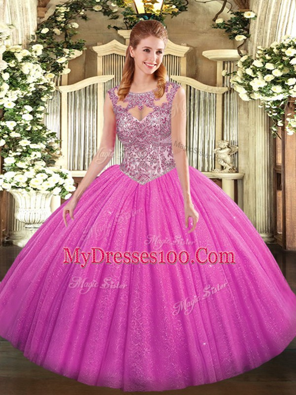 Fuchsia Scoop Neckline Beading 15 Quinceanera Dress Sleeveless Lace Up