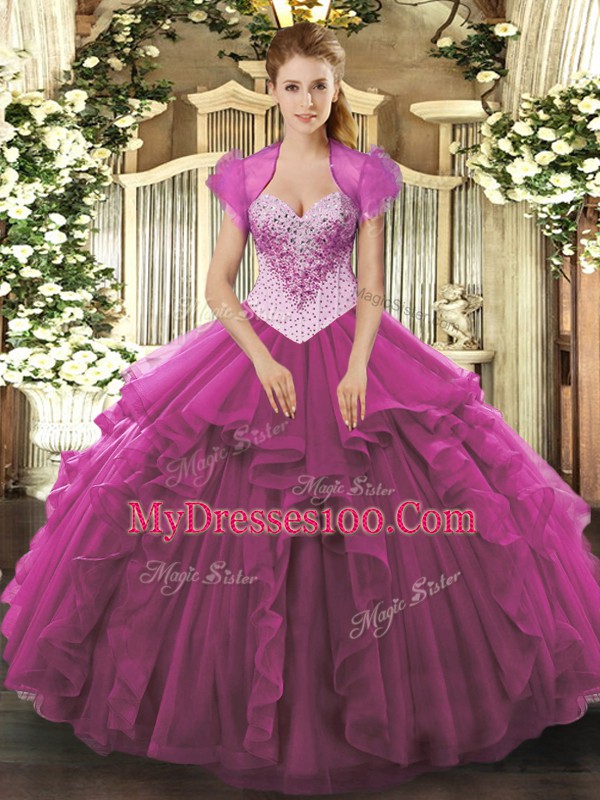 Fantastic Fuchsia Ball Gowns Tulle Sweetheart Sleeveless Beading Floor Length Lace Up Quince Ball Gowns