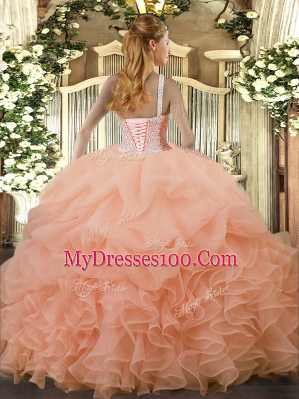 Superior Ball Gowns Quinceanera Gown Watermelon Red High-neck Organza Sleeveless Floor Length Lace Up