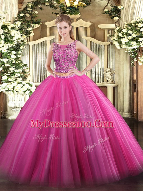 Hot Pink Two Pieces Beading Vestidos de Quinceanera Lace Up Tulle Sleeveless Floor Length