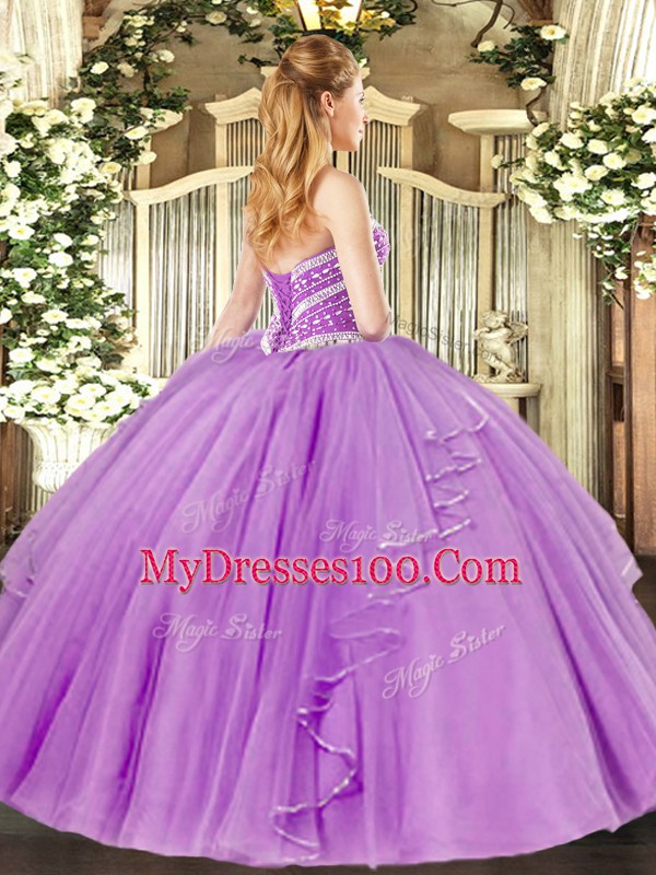 New Style Lavender Ball Gowns Beading and Ruffles 15th Birthday Dress Lace Up Tulle Sleeveless Floor Length