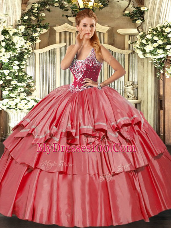 Excellent Ball Gowns Sweet 16 Dress Coral Red Straps Organza and Taffeta Sleeveless Floor Length Lace Up