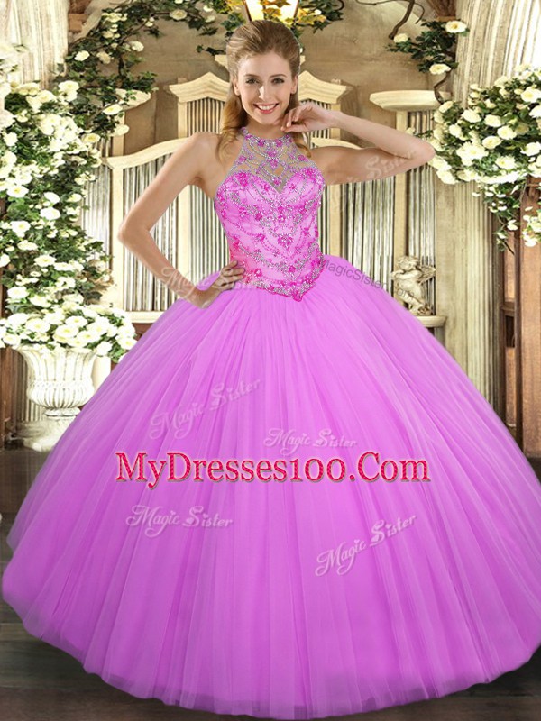 Lilac Ball Gowns Halter Top Sleeveless Tulle Floor Length Lace Up Beading Quinceanera Dresses