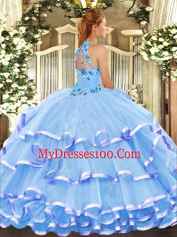 Hot Selling Peach Ball Gowns Halter Top Sleeveless Organza Floor Length Lace Up Beading and Embroidery Sweet 16 Dress