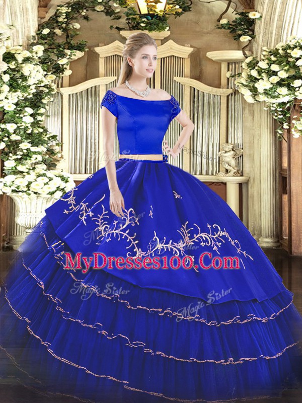 Royal Blue Short Sleeves Organza and Taffeta Zipper Quinceanera Dress for Military Ball and Sweet 16 and Quinceanera