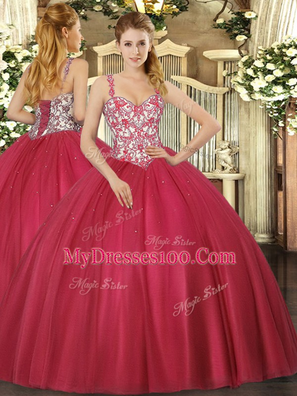 Adorable Sleeveless Floor Length Beading and Appliques Lace Up Vestidos de Quinceanera with Coral Red