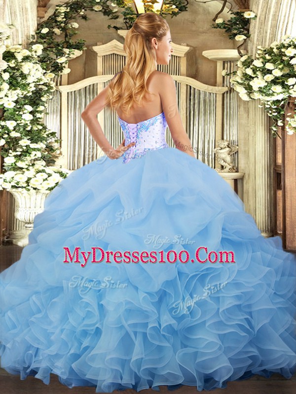 Sweetheart Sleeveless Quince Ball Gowns Floor Length Beading and Ruffles and Pick Ups Lilac Organza