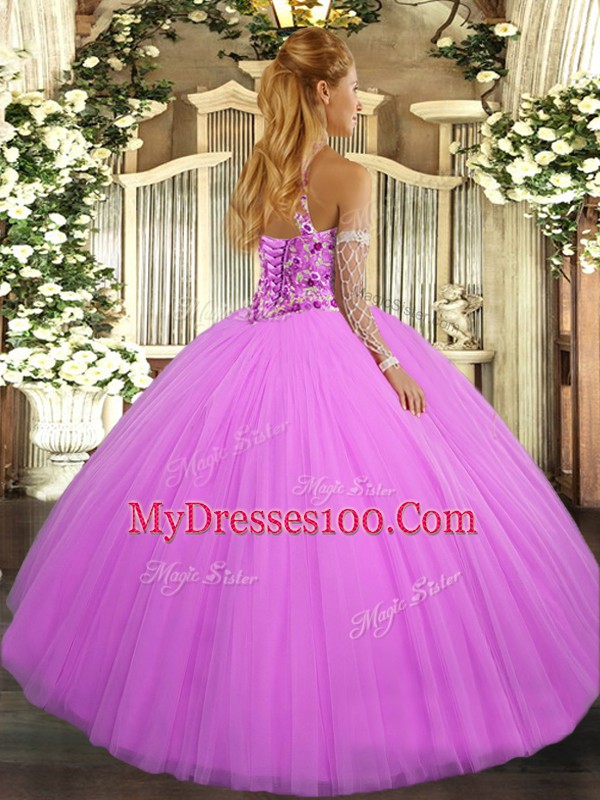 Lilac Tulle Lace Up Halter Top Sleeveless Floor Length Ball Gown Prom Dress Beading and Embroidery