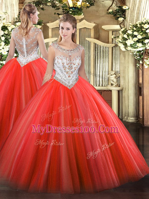 Coral Red Sleeveless Tulle Zipper Quince Ball Gowns for Military Ball and Sweet 16 and Quinceanera