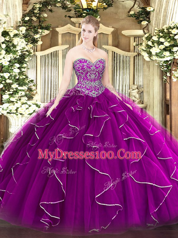 Custom Designed Sleeveless Tulle Floor Length Lace Up Vestidos de Quinceanera in Fuchsia with Beading and Ruffles