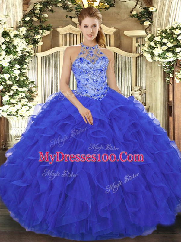 Royal Blue Sleeveless Floor Length Beading and Embroidery and Ruffles Lace Up Quince Ball Gowns