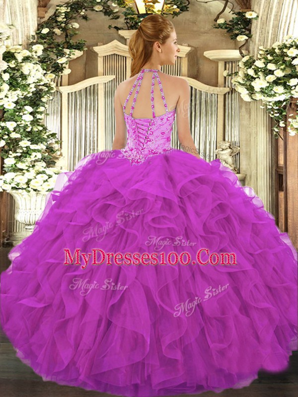 Royal Blue Sleeveless Floor Length Beading and Embroidery and Ruffles Lace Up Quince Ball Gowns