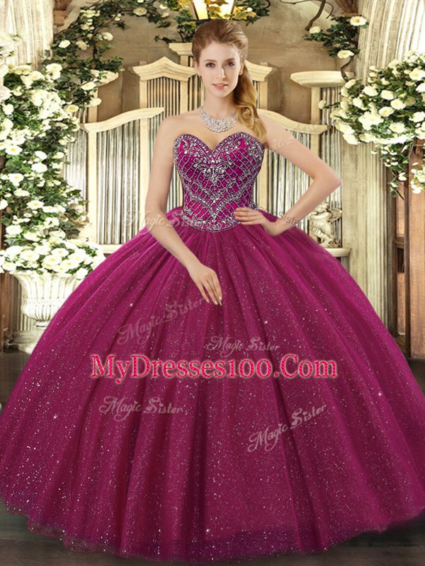 Fuchsia Lace Up Sweetheart Beading Quinceanera Gown Tulle Sleeveless