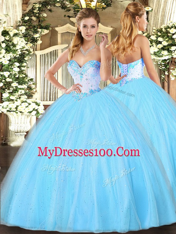 Tulle Sweetheart Sleeveless Lace Up Beading 15th Birthday Dress in Aqua Blue