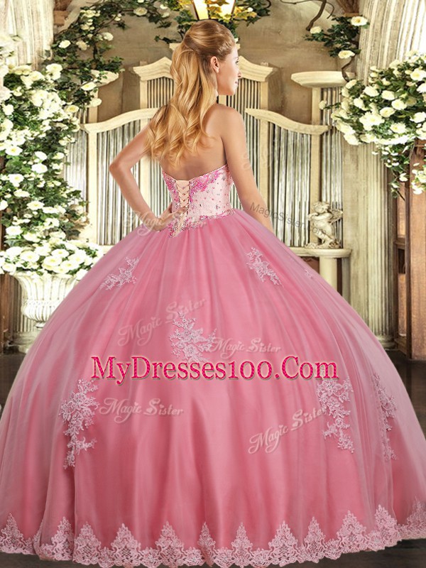 Floor Length Lace Up 15th Birthday Dress Watermelon Red for Military Ball and Sweet 16 and Quinceanera with Beading and Appliques