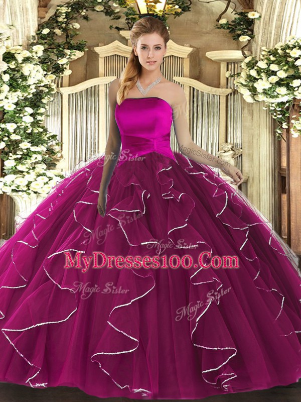 Fuchsia Tulle Lace Up Strapless Sleeveless Floor Length Quinceanera Dresses Ruffles