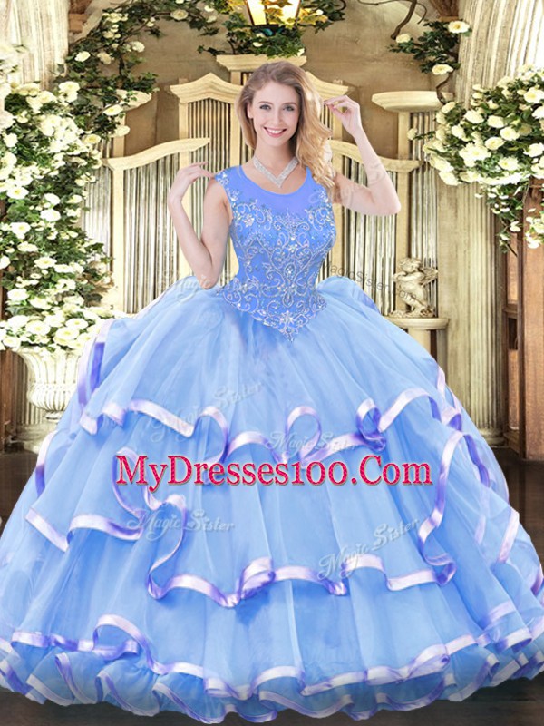 Beautiful Baby Blue Ball Gowns Scoop Sleeveless Organza Floor Length Zipper Beading and Ruffled Layers Sweet 16 Quinceanera Dress