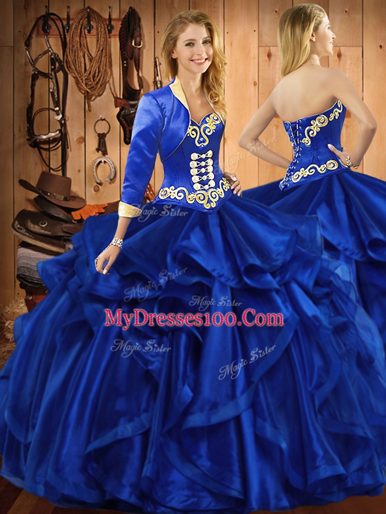 Royal Blue Lace Up Sweet 16 Dresses Embroidery and Ruffles Sleeveless Floor Length