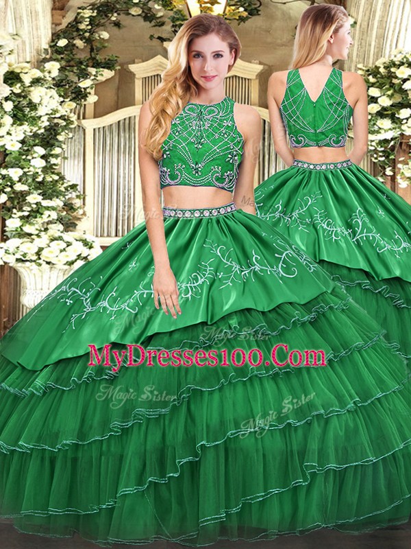 Exceptional Green Sleeveless Floor Length Beading and Embroidery and Ruffled Layers Zipper Quinceanera Gown