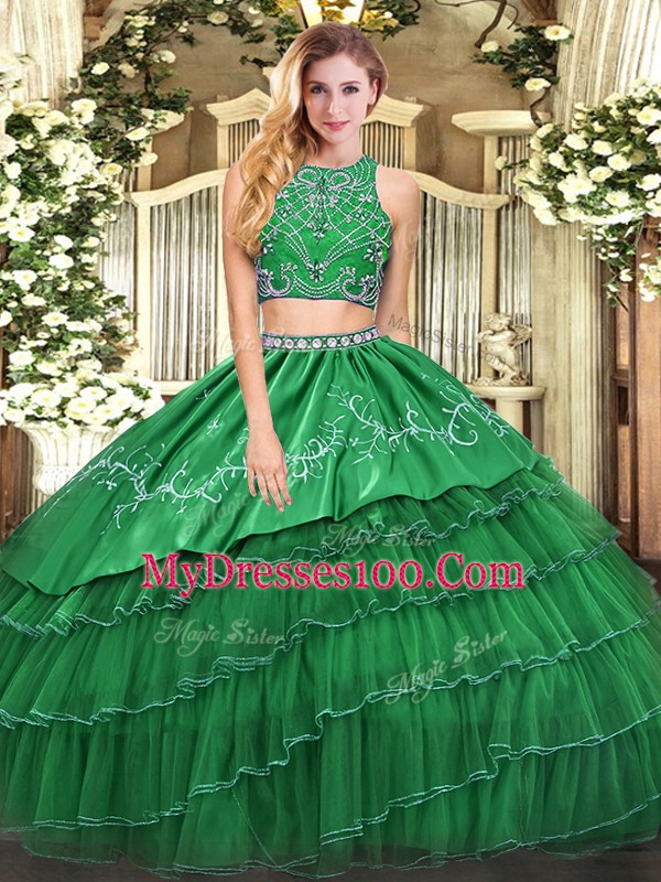 Exceptional Green Sleeveless Floor Length Beading and Embroidery and Ruffled Layers Zipper Quinceanera Gown