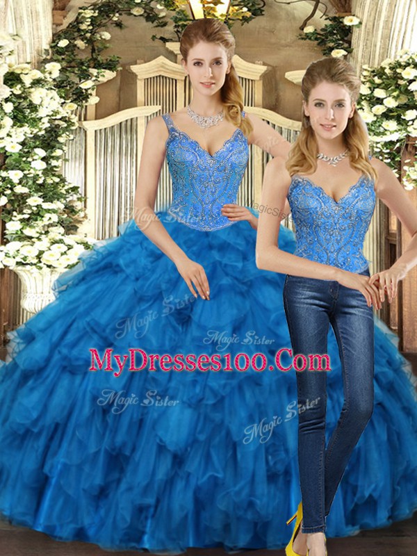 Floor Length Teal Quinceanera Dress Organza Sleeveless Beading and Ruffles